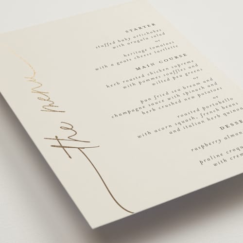This is a linen menu cards with foil pressed by Pippa Shaw called silk printing on signature in 5x7