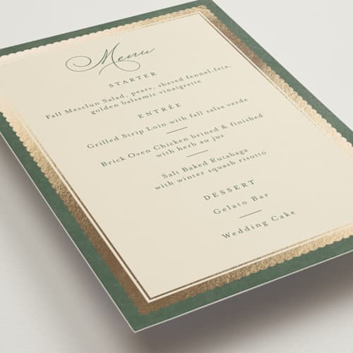 This is a rosemary menu cards with foil pressed by Emily Betts called vintage oval printing on signature in 5x7