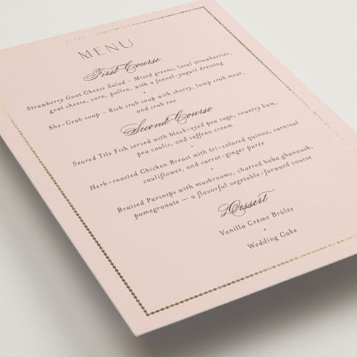 This is a rose quartz menu cards with foil pressed by Emily Betts called scallop monogram printing on signature in 5x7