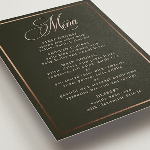 This is a midnight forest menu cards with foil pressed by Morgan Kendall called playbill printing on signature in 5x7
