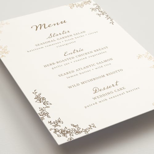 This is a ivory menu cards with foil pressed by Cass Loh called boho flower crest printing on signature in 5x7