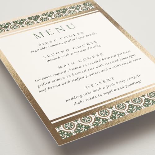 This is a evergreen menu cards with foil pressed by Oma N. Ramkhelawan called kareem printing on signature in 5x7