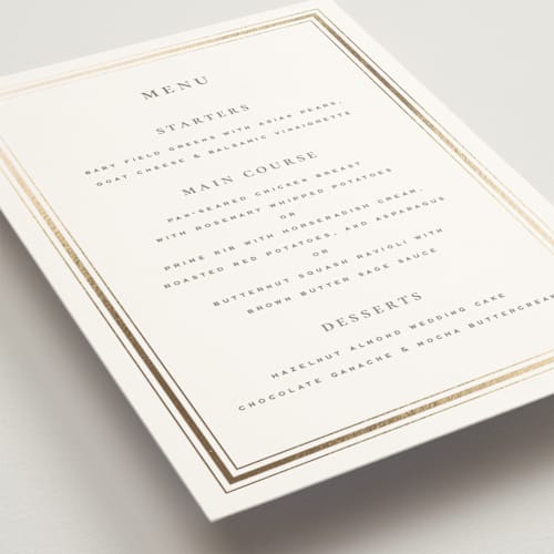 This is a chantilly menu cards with foil pressed by Wildfield Paper Co called hampton printing on signature in 5x7