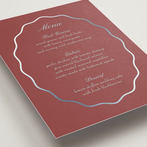 This is a burgundy menu cards with foil pressed by Baumbirdy called scallop frame printing on signature in 5x7