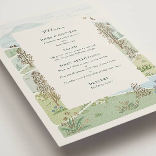 This is a evergreen menu cards with foil pressed by Paper Sun Studio called mountaintop printing on signature in standard