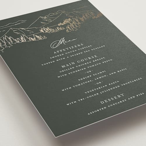 This is a hunter menu cards with foil pressed by Sarah Brown called peaks printing on signature in standard