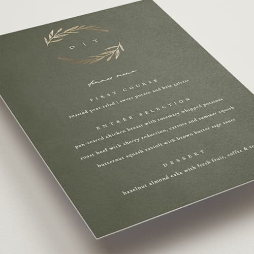 This is a moss menu cards with foil pressed by Kelly Schmidt called leaves printing on signature in standard