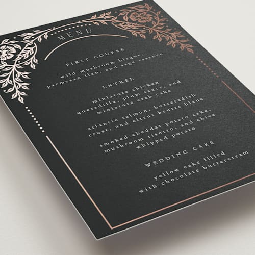 This is a onyx menu cards with foil pressed by Ana de Sousa called gilded nouveau frame printing on signature in standard