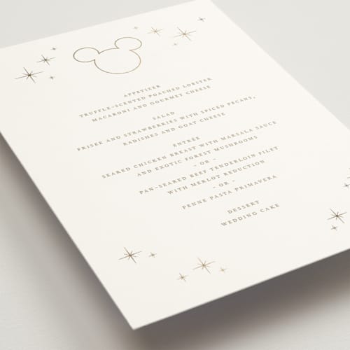 This is a celebration menu cards with foil pressed by Jennifer Postorino called disney's minimal mickey mouse printing on signature in standard