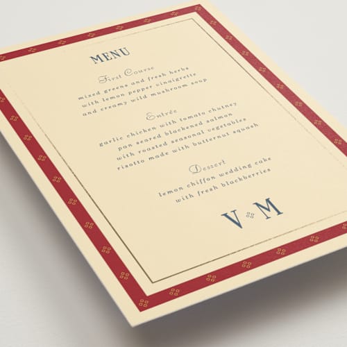 This is a navy menu cards with foil pressed by Baumbirdy called woven printing on signature in 5x7