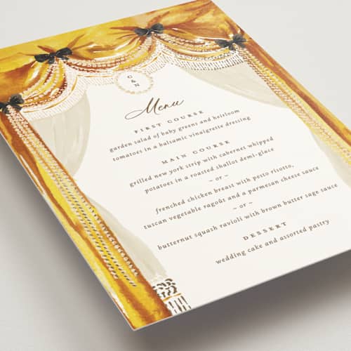 This is a golden menu cards with foil pressed by Claudia Orengo called tuileries printing on signature in 5x7