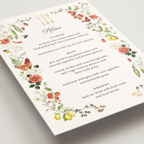 This is a verona sunset menu cards with foil pressed by Sarah Knight called fleur printing on signature in 5x7