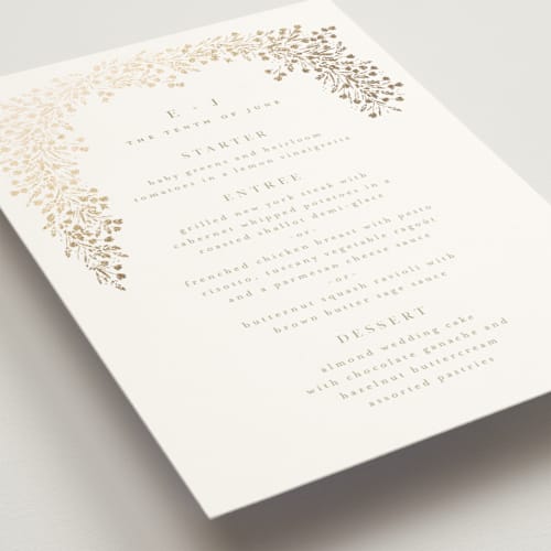 This is a leaf menu cards with foil pressed by Kristie Kern called villa printing on signature in standard