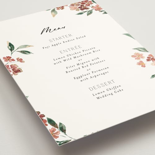 This is a dusty rose menu cards with foil pressed by Itsy Belle Studio called sweeping vine printing on signature in standard