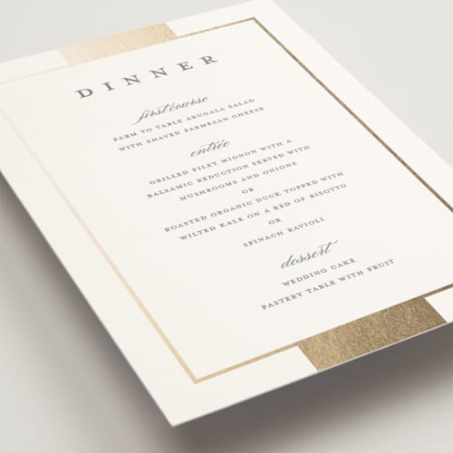 This is a slate menu cards with foil pressed by Stacey Meacham called refined style printing on signature in standard
