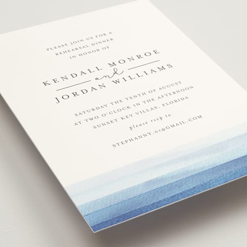 This is a azure rehearsal dinner invitations with standard by Bethan called watercolour stripe printing on signature in standard