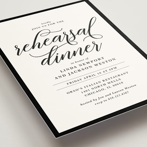 This is a black tie rehearsal dinner invitations with standard by Laura Hamm called modern classic printing on signature in standard