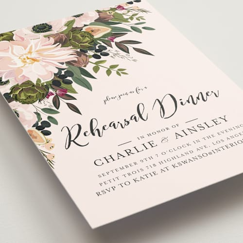 This is a blush rehearsal dinner invitations with standard by Susan Moyal called figs & flowers printing on signature in standard