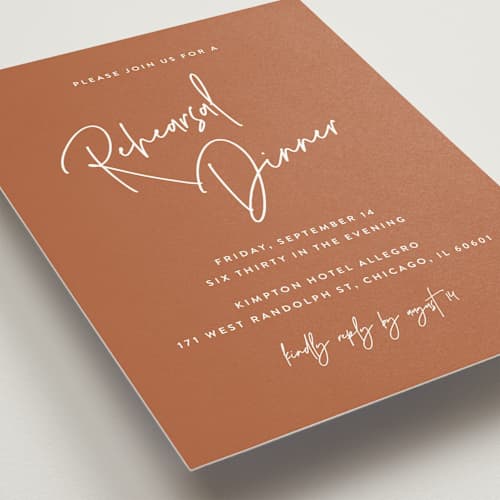 This is a rust rehearsal dinner invitations with standard by JoAnn Jinks called marked printing on signature in standard
