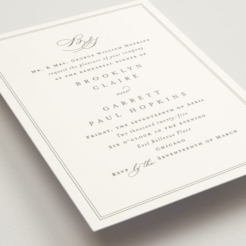 This is a cotton rehearsal dinner invitations with standard by Amy Kross called overlapping printing on signature in standard