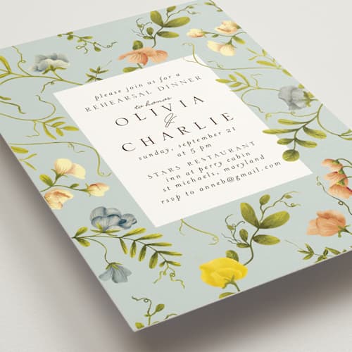 This is a bluebell rehearsal dinner invitations with standard by Chris Griffith called a botanical event printing on signature in standard