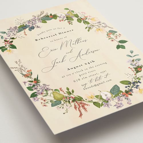 This is a champagne rehearsal dinner invitations with standard by Susan Moyal called fruits & floral printing on signature in standard