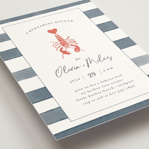 This is a navy rehearsal dinner invitations with standard by Jen Tips called love and lobsters printing on signature in standard