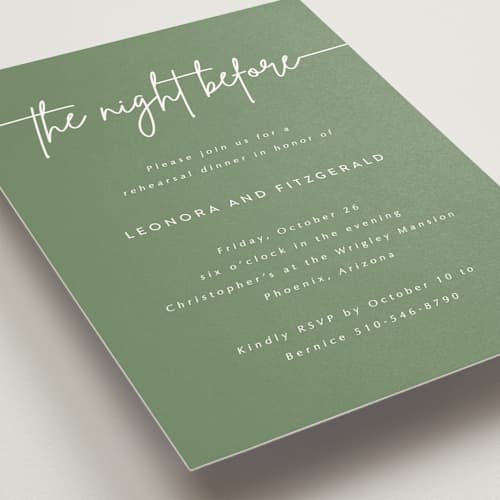 This is a sage rehearsal dinner invitations with standard by Kampai Designs called lilt printing on signature in standard