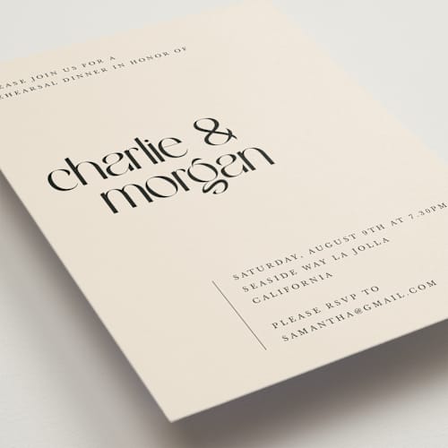 This is a ivory rehearsal dinner invitations with standard by Cass Loh called clean display printing on signature in standard