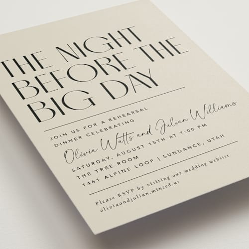 This is a sand rehearsal dinner invitations with standard by Robert and Stella called modern stack printing on signature in standard