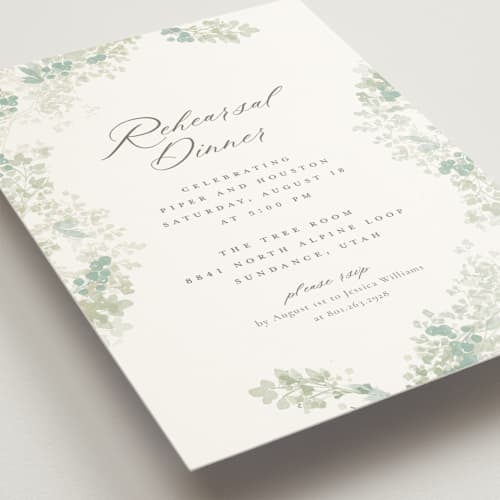 This is a linen rehearsal dinner invitations with standard by Robert and Stella called greenery swash printing on signature in standard