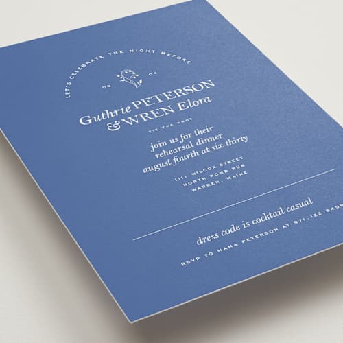 This is a bluebell rehearsal dinner invitations with standard by Bramble Studio called bluebell dinner printing on signature in standard