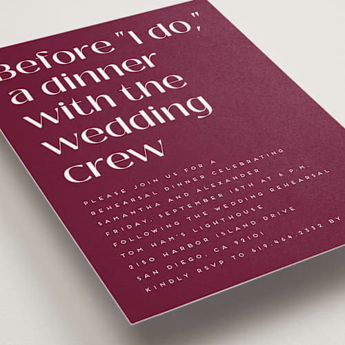 This is a cabernet rehearsal dinner invitations with standard by Erica Krystek called before i do printing on signature in standard