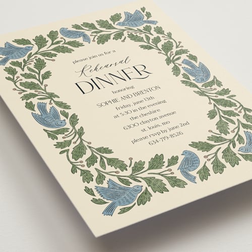 This is a bluebird rehearsal dinner invitations with standard by Jen Owens called birdies printing on signature in standard