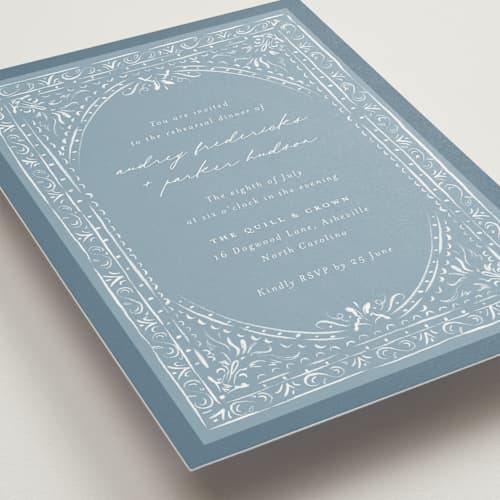 This is a dusty blue rehearsal dinner invitations with standard by Jackie Crawford called whimsical frame printing on signature in standard