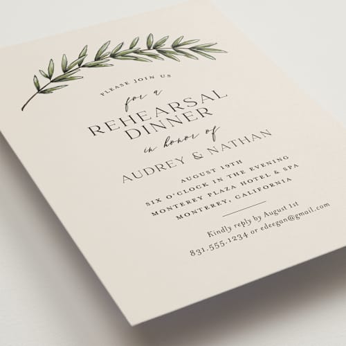 This is a rosemary rehearsal dinner invitations with standard by Erin Deegan called rosemary sprig printing on signature in standard