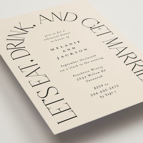 This is a ivory rehearsal dinner invitations with standard by Amy Payne called eat drink get married printing on signature in standard