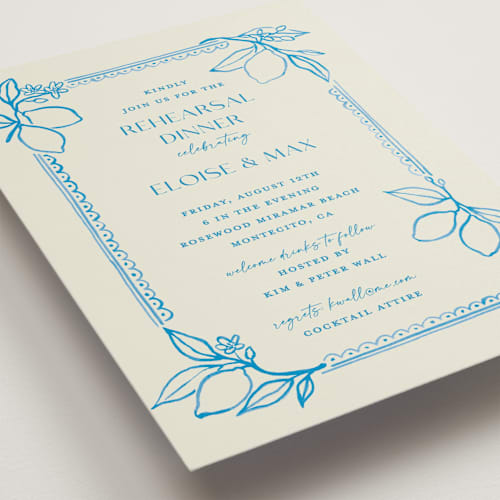 This is a ocean rehearsal dinner invitations with standard by Pati Cascino called mediterraneo printing on signature in standard