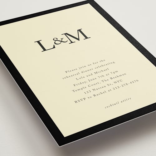 This is a midnight rehearsal dinner invitations with standard by mo kelley called classic initials printing on signature in standard