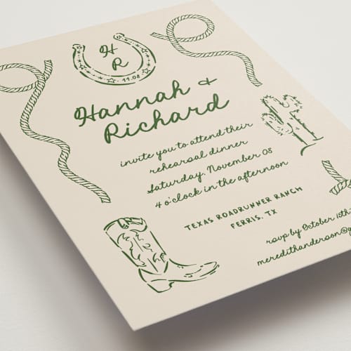This is a lasso rehearsal dinner invitations with standard by Claudia Orengo called western printing on signature in standard