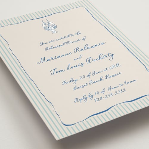 This is a marine rehearsal dinner invitations with standard by Lucrecia Caporale called seaside serenade printing on signature in standard