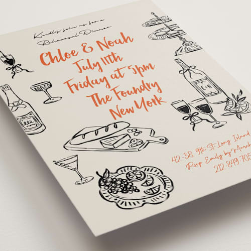 This is a sunset rehearsal dinner invitations with standard by Elly called gathering printing on signature in standard