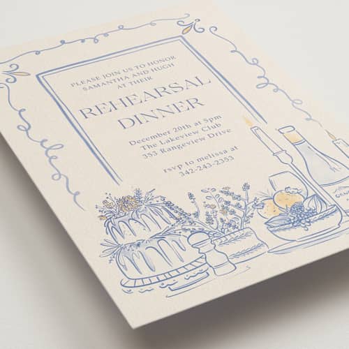 This is a balmy blue rehearsal dinner invitations with standard by Sabrin Deirani called table feast printing on signature in standard