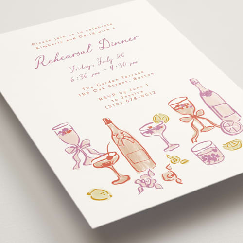 This is a orchid rehearsal dinner invitations with standard by Cass Loh called cocktails and laughter printing on signature in standard