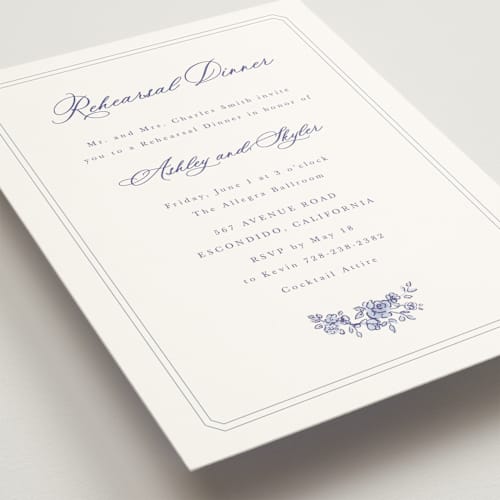 This is a dusty blue rehearsal dinner invitations with standard by Cass Loh called watercolor flowers crest printing on signature in standard