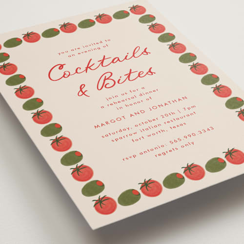 This is a saucy rehearsal dinner invitations with standard by Anna Elder called olive bites printing on signature in standard