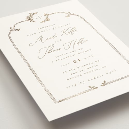 This is a porcelain rehearsal dinner invitations with foil pressed by Leah Bisch called reflection printing on signature in standard