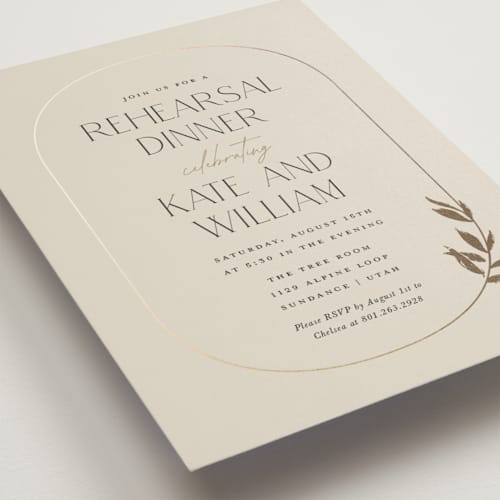 This is a sand rehearsal dinner invitations with foil pressed by Robert and Stella called locket printing on signature in standard