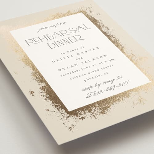 This is a champagne rehearsal dinner invitations with foil pressed by Creo Study called timeless glimmer printing on signature in standard