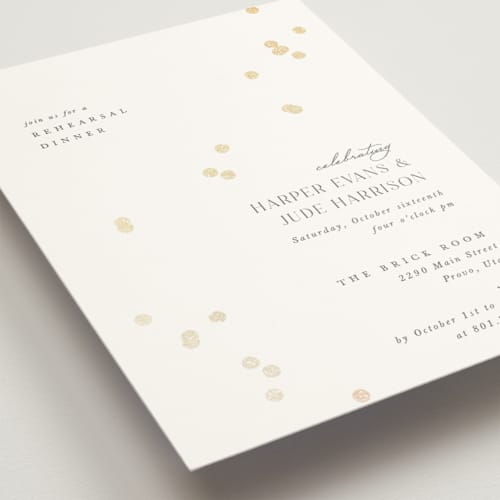This is a linen rehearsal dinner invitations with foil pressed by Robert and Stella called confetti printing on signature in standard